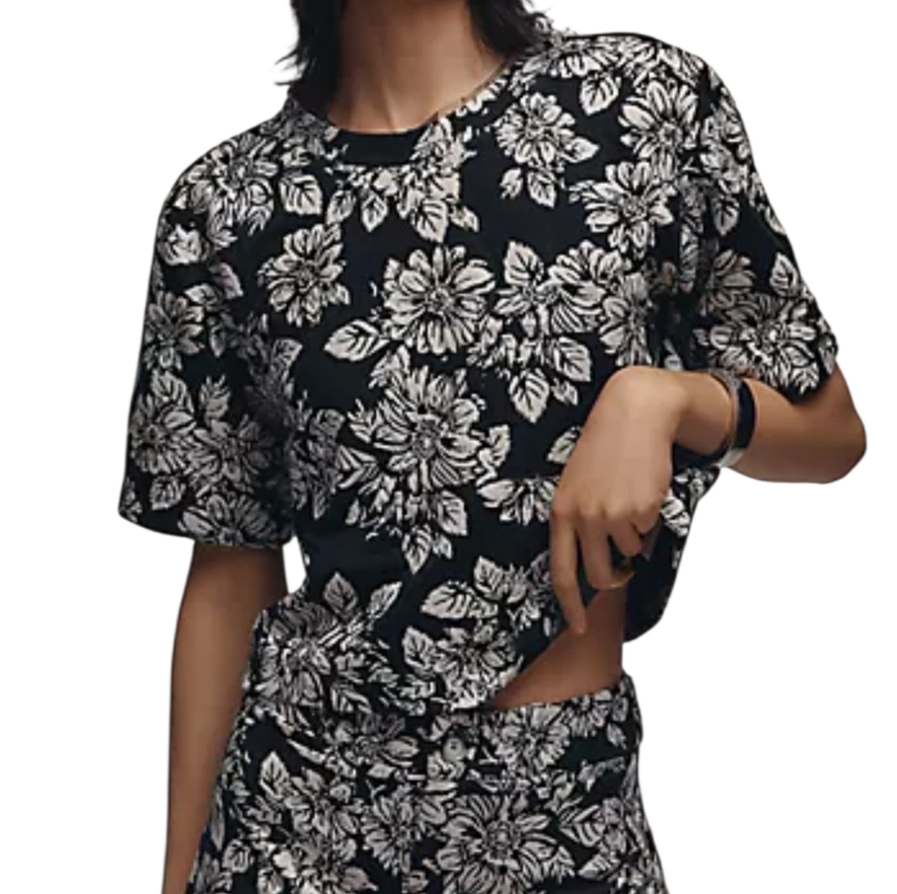 Anthropologie Maeve Floral Knit Black and White Top XL